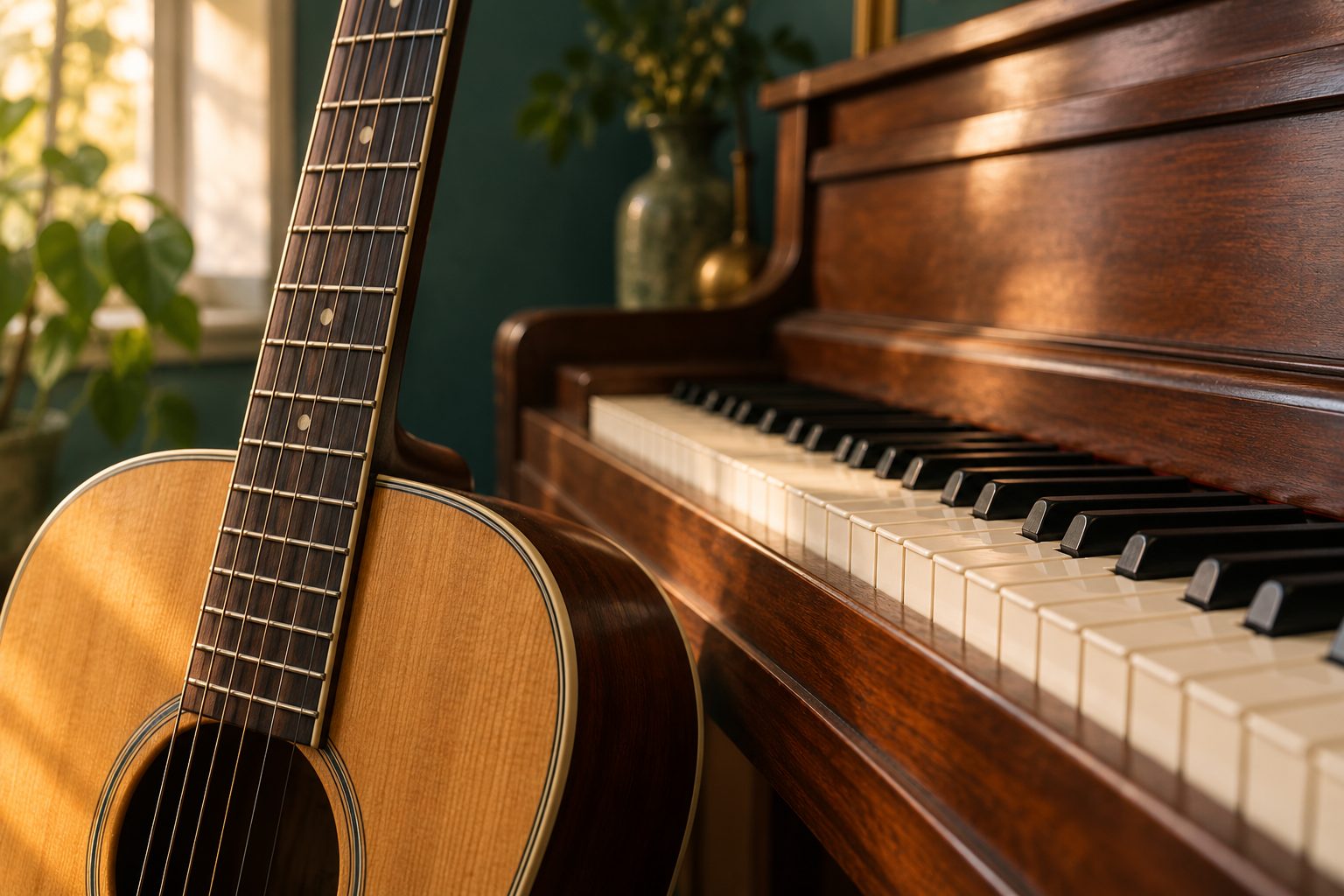 An acoustic guitar leaning against an upright piano in warm window light